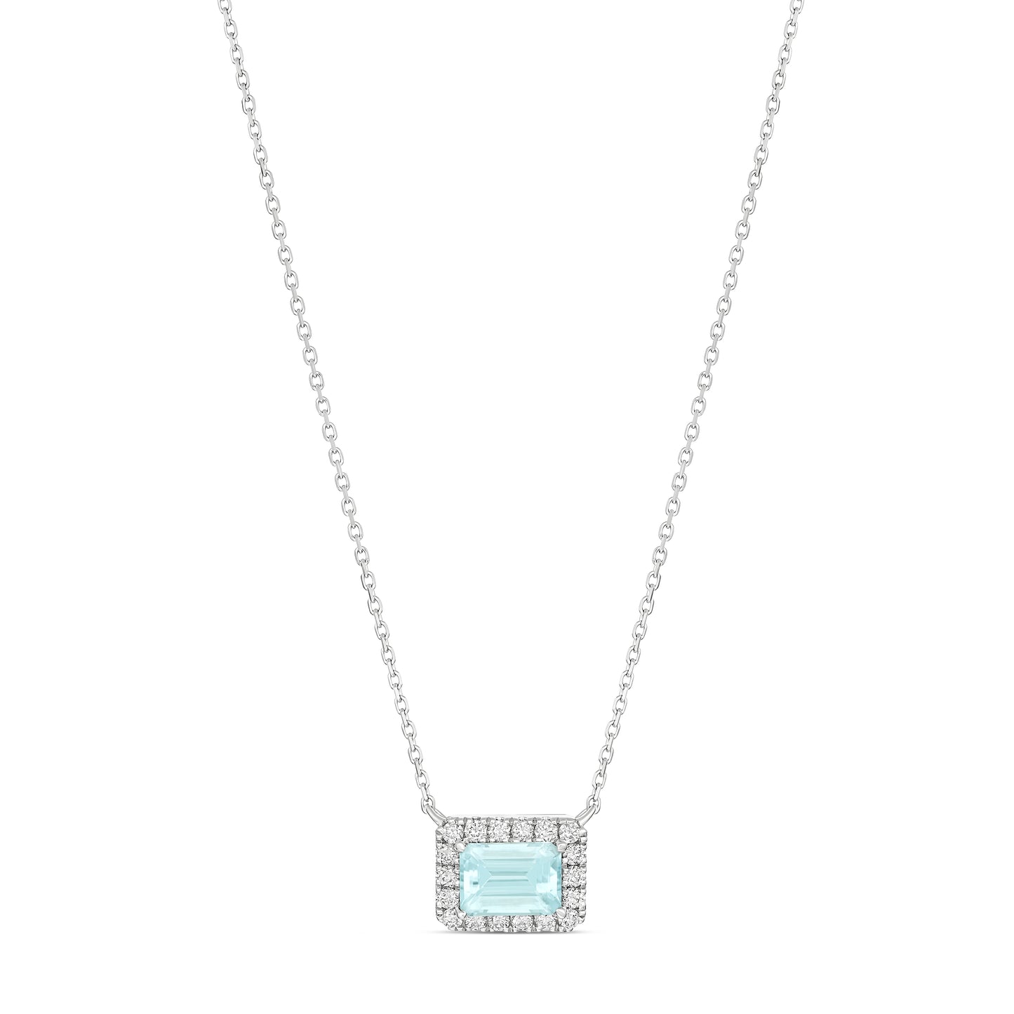 9KWG LG Diamond and Emarald cut Aquamarine Halo Necklace