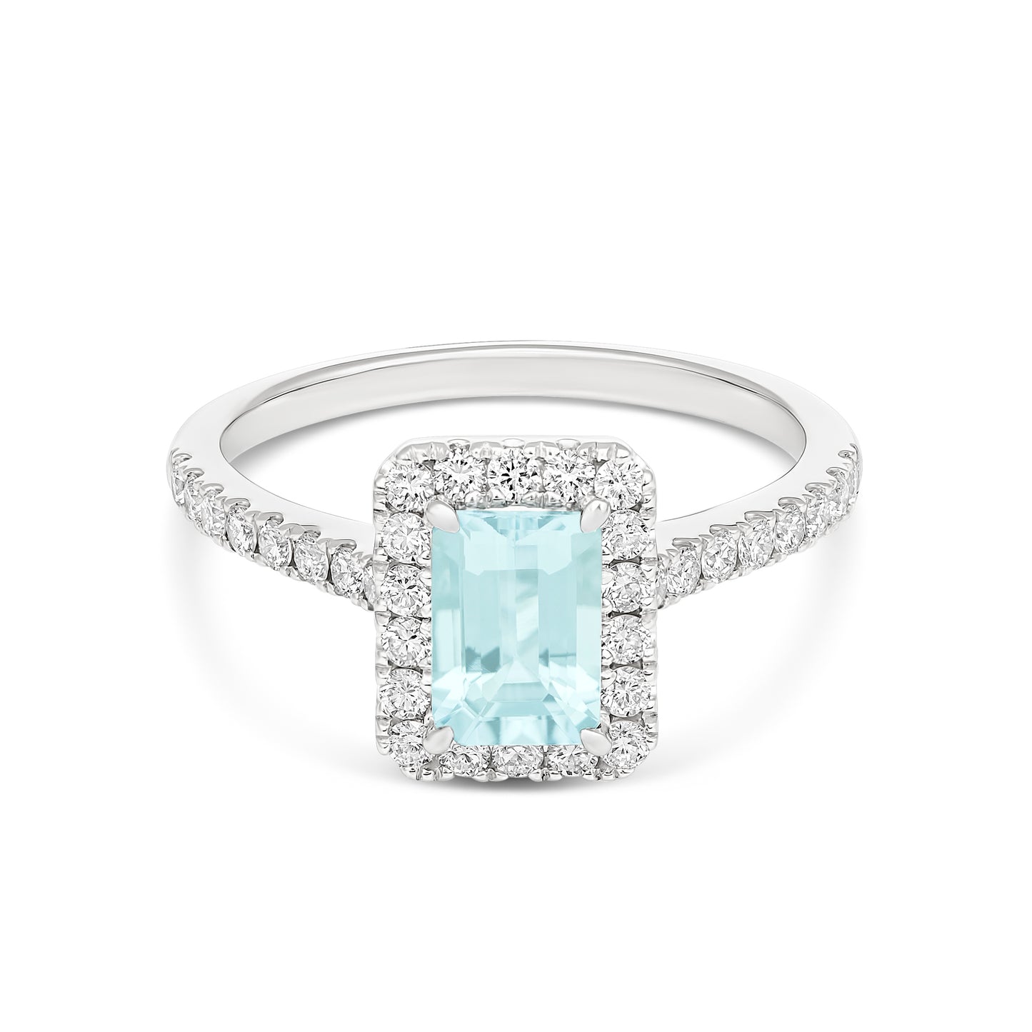 9KWG Emerald Cut Aquamarine and Diamond Halo Ring