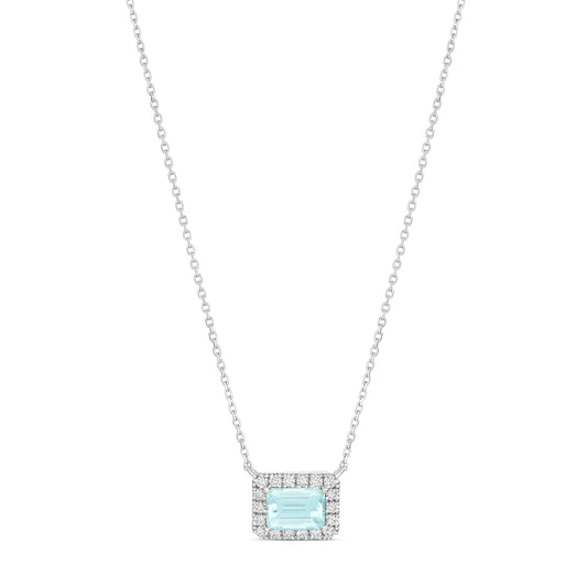 9KWG LG Diamond and Emarald cut Aquamarine Halo Necklace