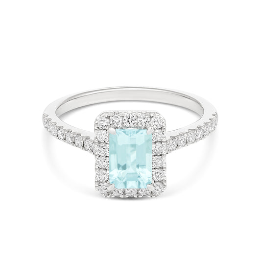 9KWG Emerald Cut Aquamarine and Diamond Halo Ring