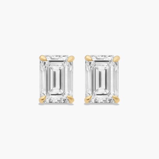 18K Natural Emerald shape Diamond, Four Prong Stud Earrings